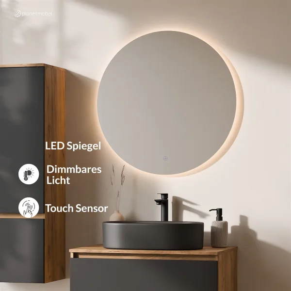 Ensemble de meubles de salle de bains ARISA avec armoire haute noire – Avec miroir Nova à LED et lavabo à poser en céramique noir de 55 cm