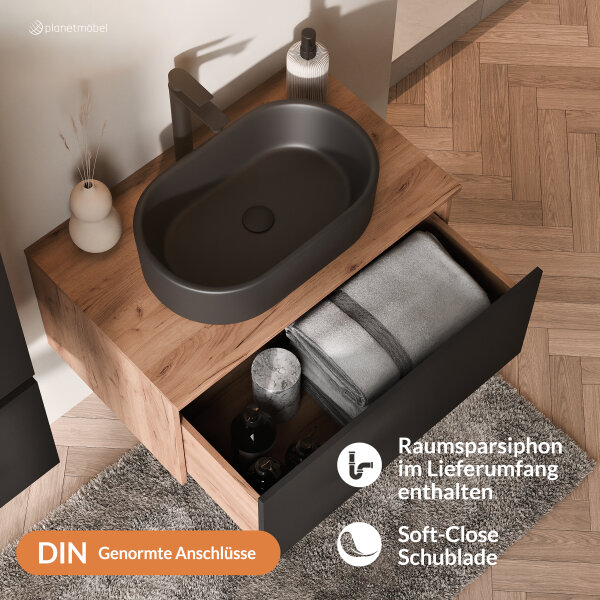 ARISA Badmöbel Set inkl. Hochschrank in Schwarz – Mit Nova LED Spiegel und schwarzem Keramik-Aufsatzwaschbecken 55 cm