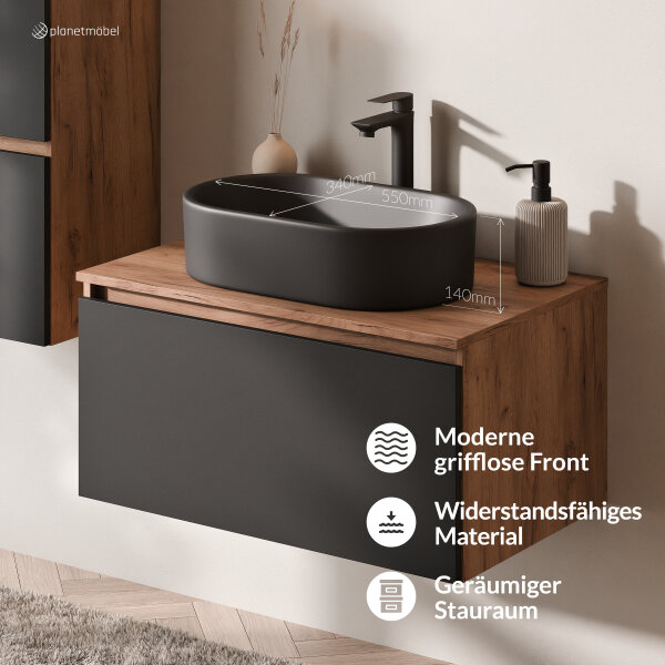 ARISA Badmöbel Set inkl. Hochschrank in Schwarz – Mit Nova LED Spiegel und schwarzem Keramik-Aufsatzwaschbecken 55 cm