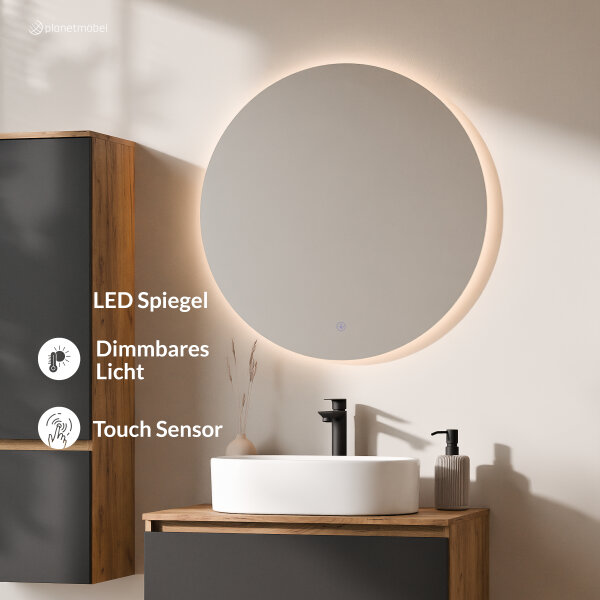 ARISA Badmöbel Set inkl. Hochschrank in Schwarz – Mit Nova LED Spiegel und weißem Keramik-Aufsatzwaschbecken 55 cm