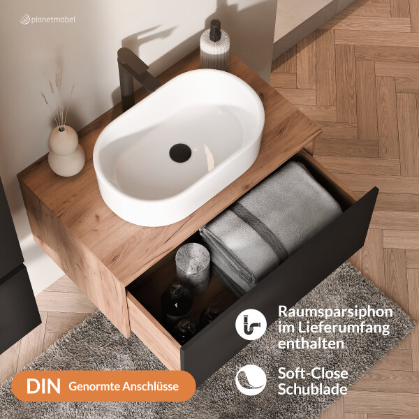 ARISA Badmöbel Set inkl. Hochschrank in Schwarz – Mit Nova LED Spiegel und weißem Keramik-Aufsatzwaschbecken 55 cm