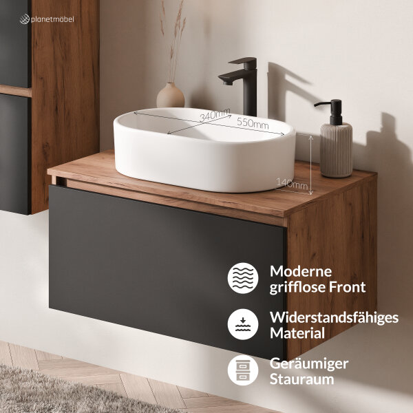 ARISA Badmöbel Set inkl. Hochschrank in Schwarz – Mit Nova LED Spiegel und weißem Keramik-Aufsatzwaschbecken 55 cm