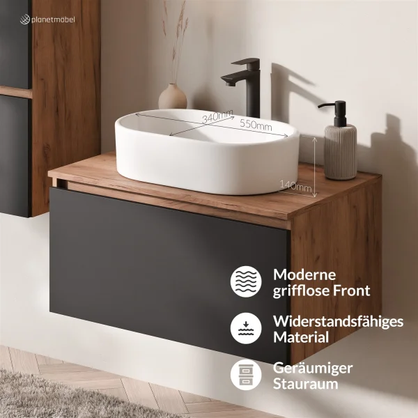 Ensemble de meubles de salle de bains ARISA avec armoire haute noire – Avec miroir Nova à LED et lavabo à poser en céramique blanche de 55 cm