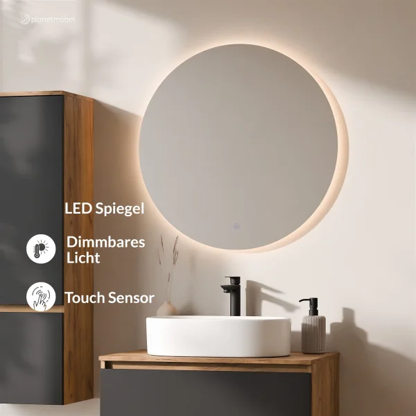 Ensemble de meubles de salle de bains ARISA avec armoire haute noire – Avec miroir Nova à LED et lavabo à poser en céramique blanche de 55 cm