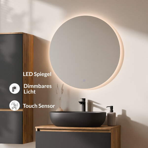 ARISA Badmöbel Set inkl. Hochschrank in Schwarz – Mit Nova LED Spiegel und schwarzem Keramik-Aufsatzwaschbecken 60 cm