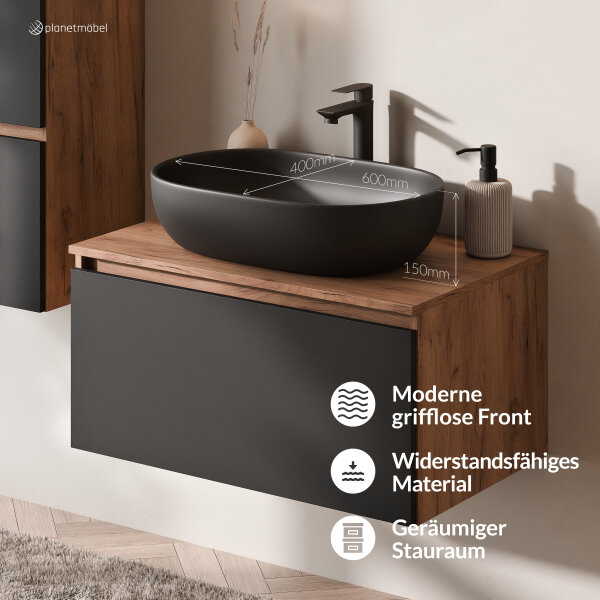 ARISA Badmöbel Set inkl. Hochschrank in Schwarz – Mit Nova LED Spiegel und schwarzem Keramik-Aufsatzwaschbecken 60 cm