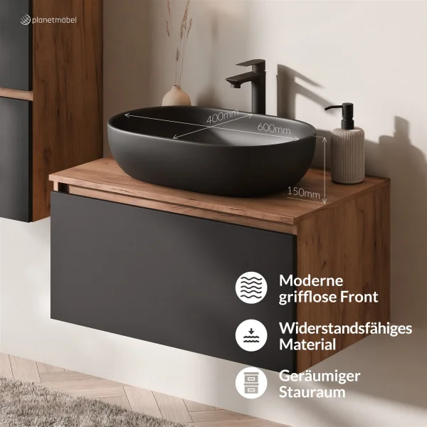 Ensemble de meubles de salle de bains ARISA avec armoire haute noire – Avec miroir Nova à LED et lavabo à poser en céramique noire de 60 cm