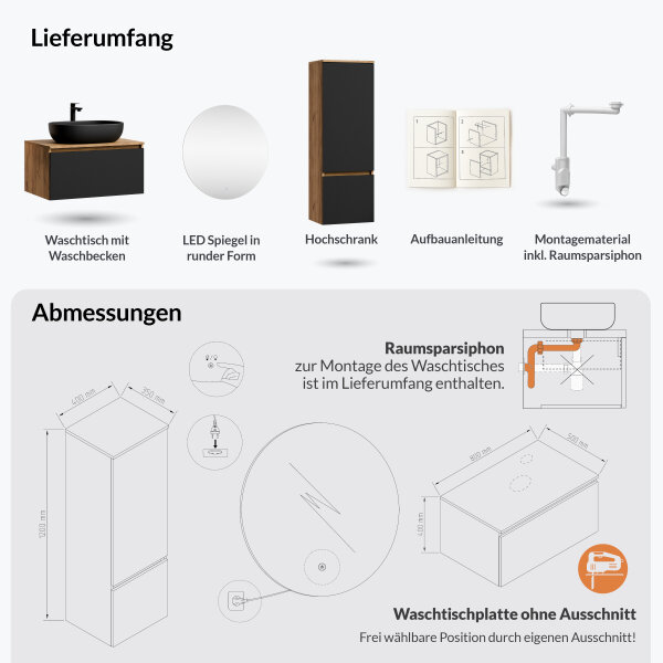 ARISA Badmöbel Set inkl. Hochschrank in Schwarz – Mit Nova LED Spiegel und schwarzem Keramik-Aufsatzwaschbecken 60 cm