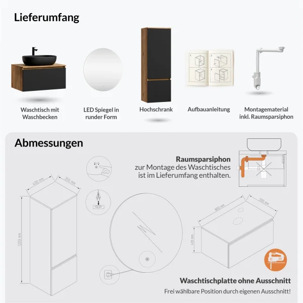 Ensemble de meubles de salle de bains ARISA avec armoire haute noire – Avec miroir Nova à LED et lavabo à poser en céramique noire de 60 cm