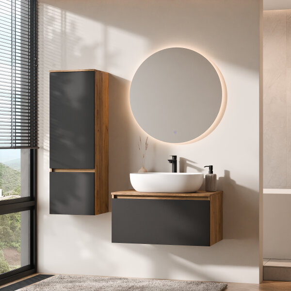 ARISA Badmöbel Set inkl. Hochschrank in Schwarz – Mit Nova LED Spiegel und weißem Keramik-Aufsatzwaschbecken 60 cm