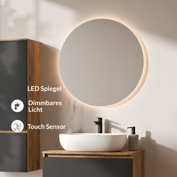 ARISA Badmöbel Set inkl. Hochschrank in Schwarz – Mit Nova LED Spiegel und weißem Keramik-Aufsatzwaschbecken 60 cm