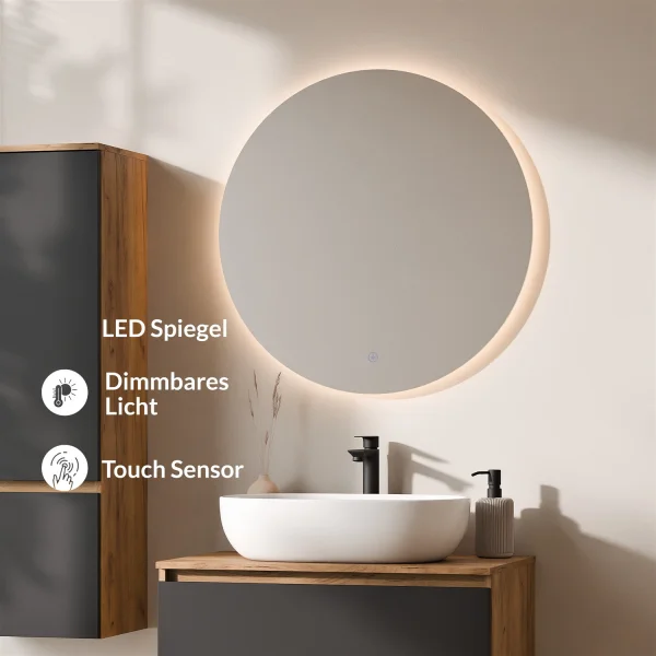 Ensemble de meubles de salle de bains ARISA avec armoire haute noire – Avec miroir Nova à LED et lavabo à poser en céramique blanche de 60 cm