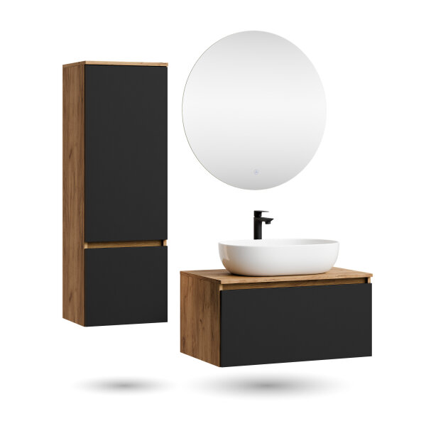 ARISA Badmöbel Set inkl. Hochschrank in Schwarz – Mit Nova LED Spiegel und weißem Keramik-Aufsatzwaschbecken 60 cm