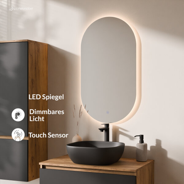 ARISA Badmöbel Set inkl. Hochschrank in Schwarz - Mit LED Spiegel und schwarzem Keramik-Aufsatzwaschbecken 42 cm