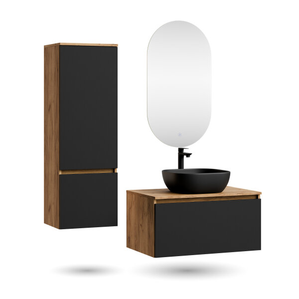 ARISA Badmöbel Set inkl. Hochschrank in Schwarz - Mit LED Spiegel und schwarzem Keramik-Aufsatzwaschbecken 42 cm