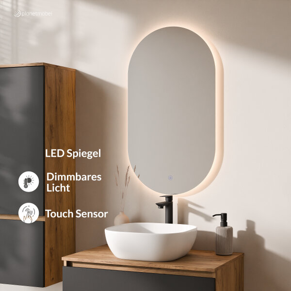 ARISA Badmöbel Set inkl. Hochschrank in Schwarz - Mit LED Spiegel und weißem Keramik-Aufsatzwaschbecken 42 cm