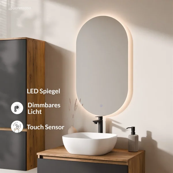 Ensemble de meubles de salle de bains ARISA avec armoire haute noire - Avec miroir à LED et lavabo à poser en céramique blanche de 42 cm