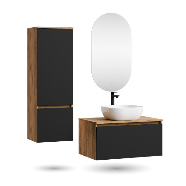 ARISA Badmöbel Set inkl. Hochschrank in Schwarz - Mit LED Spiegel und weißem Keramik-Aufsatzwaschbecken 42 cm