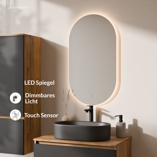 ARISA Badmöbel Set inkl. Hochschrank in Schwarz - Mit LED Spiegel und schwarzem Keramik-Aufsatzwaschbecken 55 cm