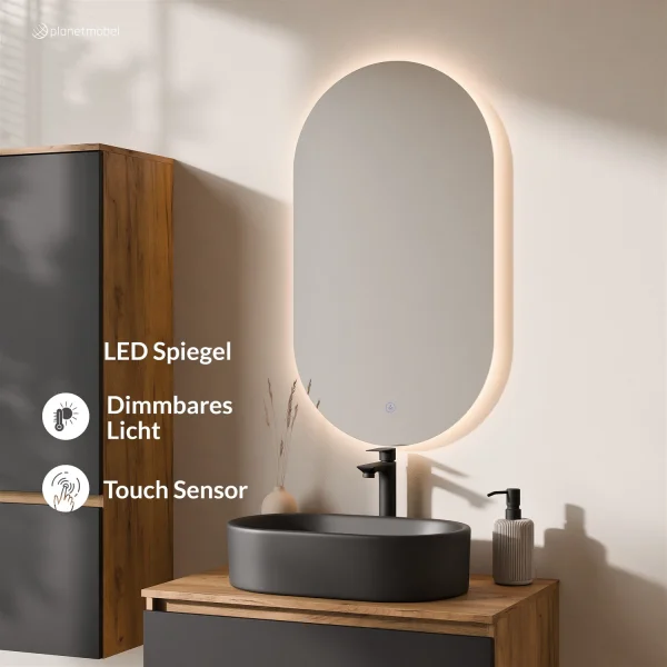 Ensemble de meubles de salle de bains ARISA avec armoire haute noire - Avec miroir à LED et lavabo à poser en céramique noire de 55 cm