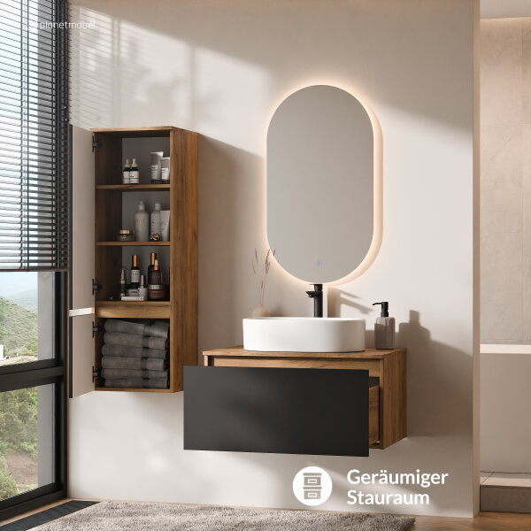 ARISA Badmöbel Set inkl. Hochschrank in Schwarz - Mit LED Spiegel und weißem Keramik-Aufsatzwaschbecken 55 cm