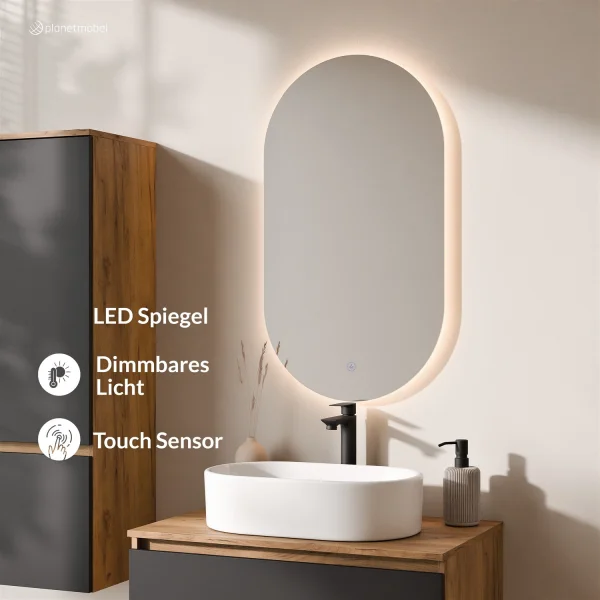 Ensemble de meubles de salle de bains ARISA avec armoire haute noire - Avec miroir à LED et lavabo à poser en céramique blanche de 55 cm