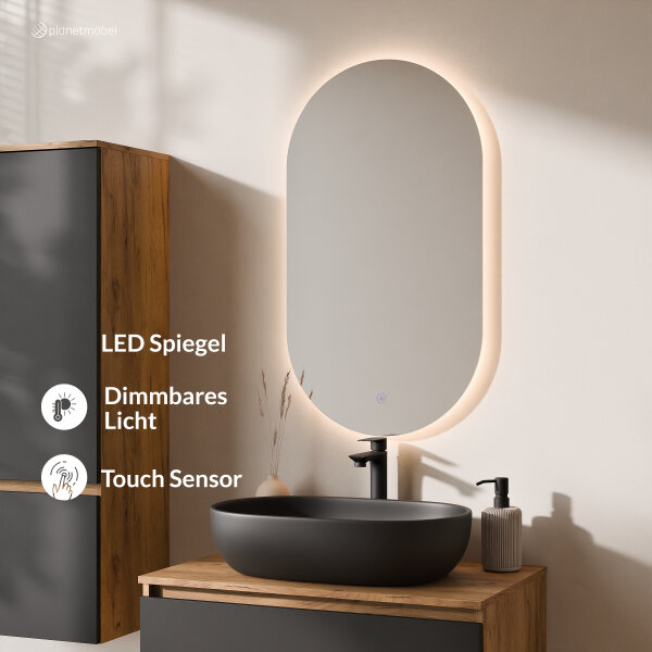 ARISA Badmöbel Set inkl. Hochschrank in Schwarz - Mit LED Spiegel und schwarzem Keramik-Aufsatzwaschbecken 60 cm