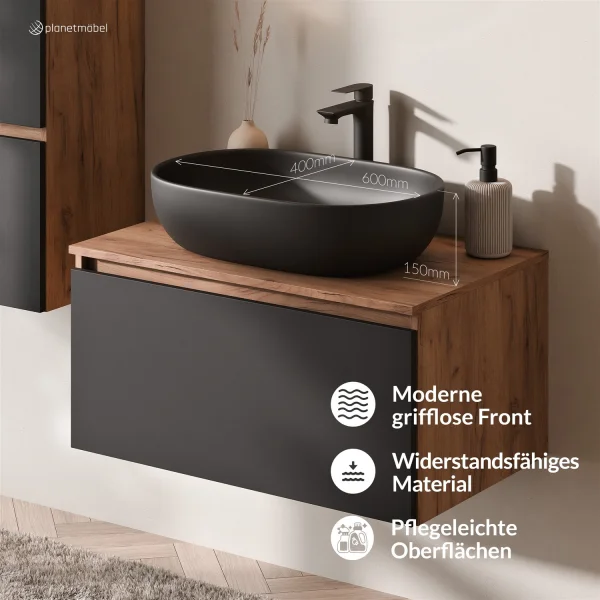 ARISA Bathroom Furniture Set, including a tall cabinet in black – with an LED mirror and a black ceramic countertop sink (60 cm)