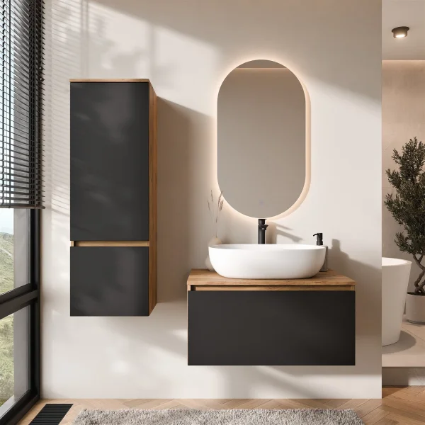 Ensemble de meubles de salle de bains ARISA avec armoire haute noire - Avec miroir à LED et lavabo à poser en céramique blanche de 60 cm