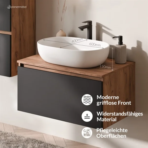 Ensemble de meubles de salle de bains ARISA avec armoire haute noire - Avec miroir à LED et lavabo à poser en céramique blanche de 60 cm