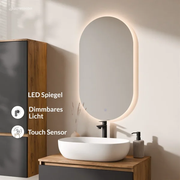 Ensemble de meubles de salle de bains ARISA avec armoire haute noire - Avec miroir à LED et lavabo à poser en céramique blanche de 60 cm
