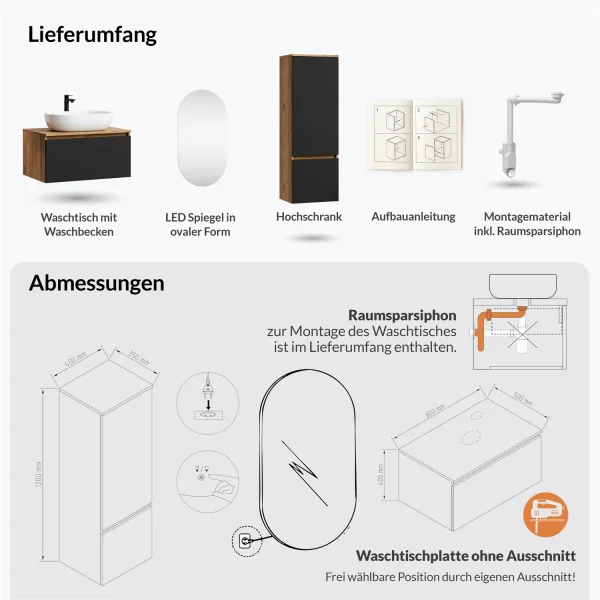 Ensemble de meubles de salle de bains ARISA avec armoire haute noire - Avec miroir à LED et lavabo à poser en céramique blanche de 60 cm