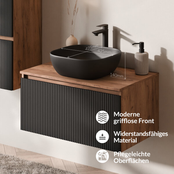 ARISA Badmöbel Set inkl. Hochschrank in Schwarz Geriffelt - Mit Spiegelschrank "ARIA" und schwarzem Keramik-Aufsatzwaschbecken 42 cm