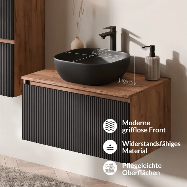 Ensemble de meubles de salle de bains ARISA avec armoire haute en noir strié - Avec armoire de toilette « ARIA » et lavabo à poser en céramique noir de 42 cm