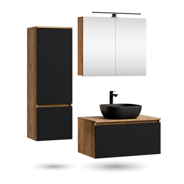 ARISA Badmöbel Set inkl. Hochschrank in Schwarz Geriffelt - Mit Spiegelschrank "ARIA" und schwarzem Keramik-Aufsatzwaschbecken 42 cm