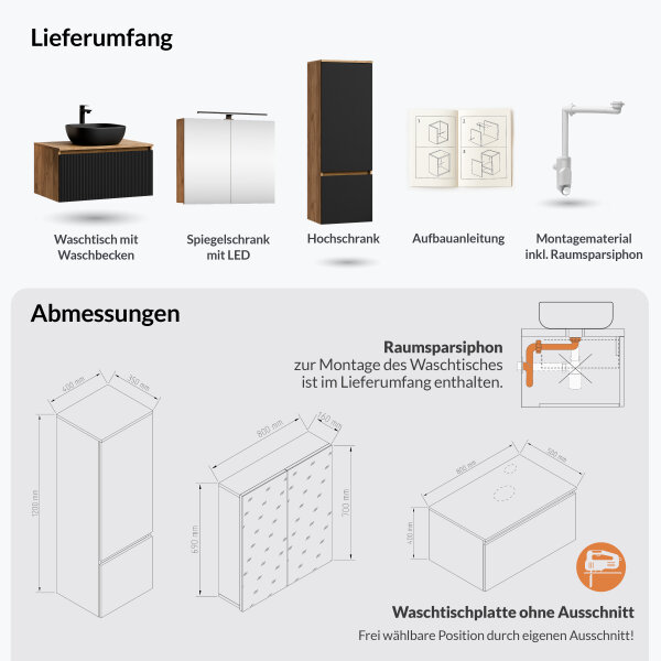 ARISA Badmöbel Set inkl. Hochschrank in Schwarz Geriffelt - Mit Spiegelschrank "ARIA" und schwarzem Keramik-Aufsatzwaschbecken 42 cm