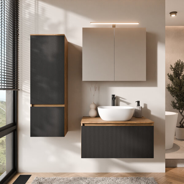 ARISA Badmöbel Set inkl. Hochschrank in Schwarz Geriffelt - Mit Spiegelschrank "ARIA" und weißem Keramik-Aufsatzwaschbecken 42 cm