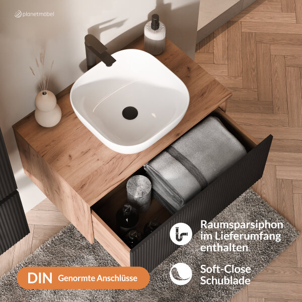 ARISA Badmöbel Set inkl. Hochschrank in Schwarz Geriffelt - Mit Spiegelschrank "ARIA" und weißem Keramik-Aufsatzwaschbecken 42 cm