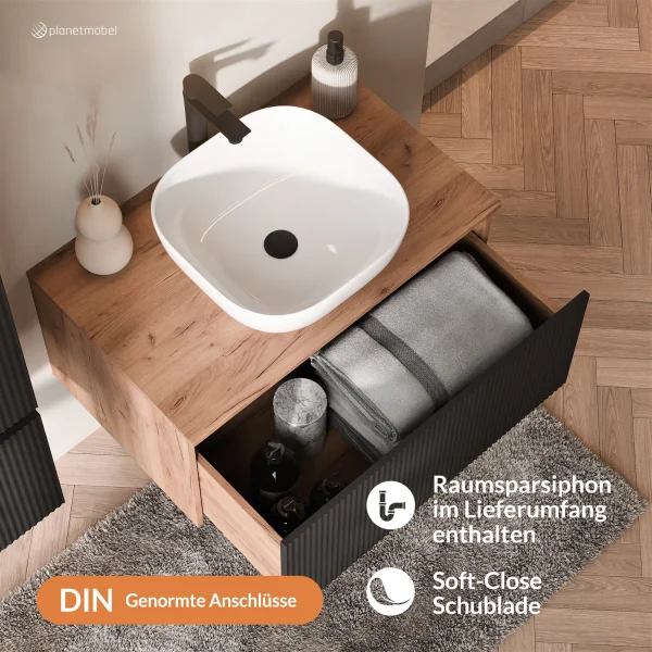 ARISA Bathroom Furniture Set, including a tall cabinet in black ribbed finish – with "ARIA" mirror cabinet and white ceramic countertop sink (42 cm)