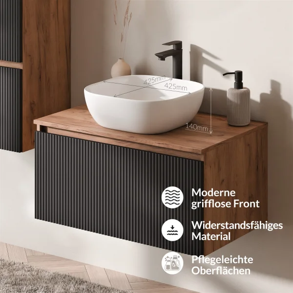 ARISA Bathroom Furniture Set, including a tall cabinet in black ribbed finish – with "ARIA" mirror cabinet and white ceramic countertop sink (42 cm)