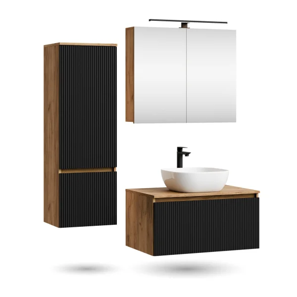 ARISA Bathroom Furniture Set, including a tall cabinet in black ribbed finish – with "ARIA" mirror cabinet and white ceramic countertop sink (42 cm)