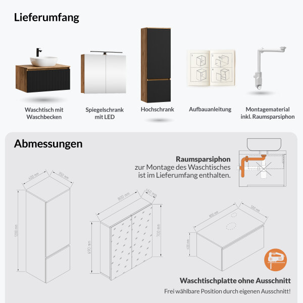 ARISA Badmöbel Set inkl. Hochschrank in Schwarz Geriffelt - Mit Spiegelschrank "ARIA" und weißem Keramik-Aufsatzwaschbecken 42 cm