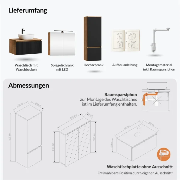 ARISA Bathroom Furniture Set, including a tall cabinet in black ribbed finish – with "ARIA" mirror cabinet and white ceramic countertop sink (42 cm)