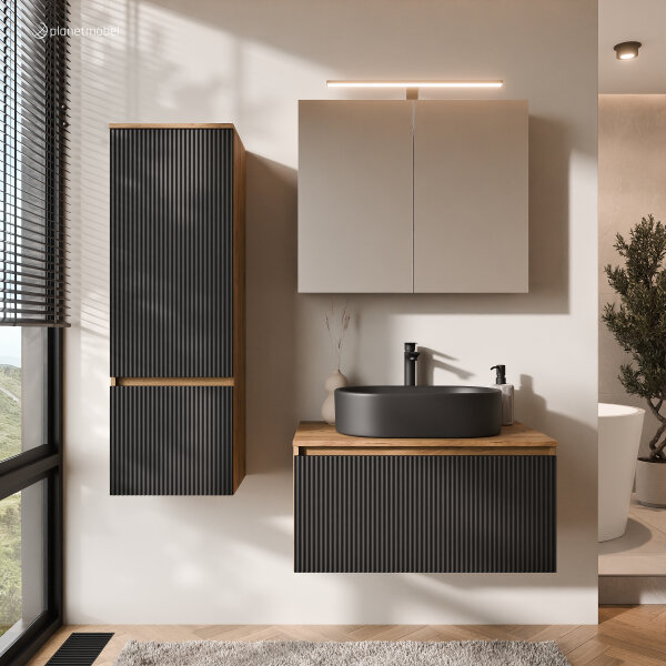 ARISA Badmöbel Set inkl. Hochschrank in Schwarz Geriffelt - Mit Spiegelschrank "ARIA" und schwarzem Keramik-Aufsatzwaschbecken 55 cm