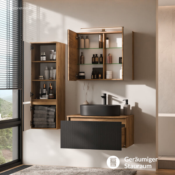 ARISA Badmöbel Set inkl. Hochschrank in Schwarz Geriffelt - Mit Spiegelschrank "ARIA" und schwarzem Keramik-Aufsatzwaschbecken 55 cm