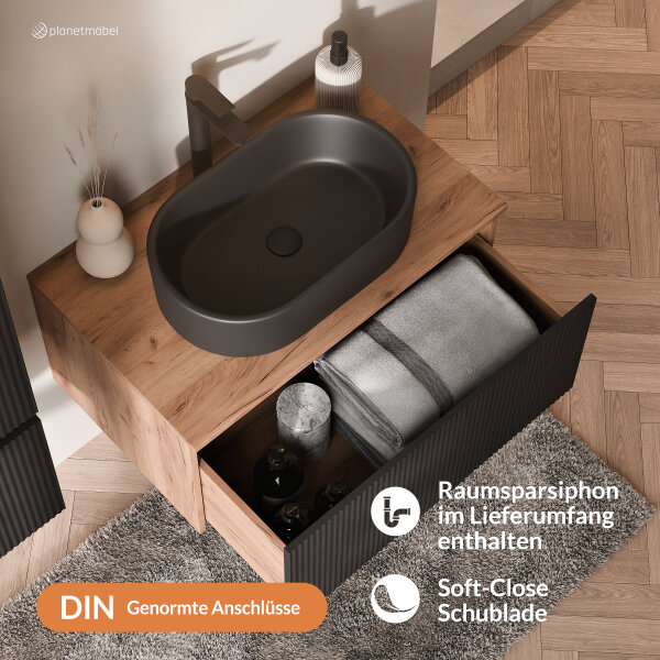 ARISA Badmöbel Set inkl. Hochschrank in Schwarz Geriffelt - Mit Spiegelschrank "ARIA" und schwarzem Keramik-Aufsatzwaschbecken 55 cm