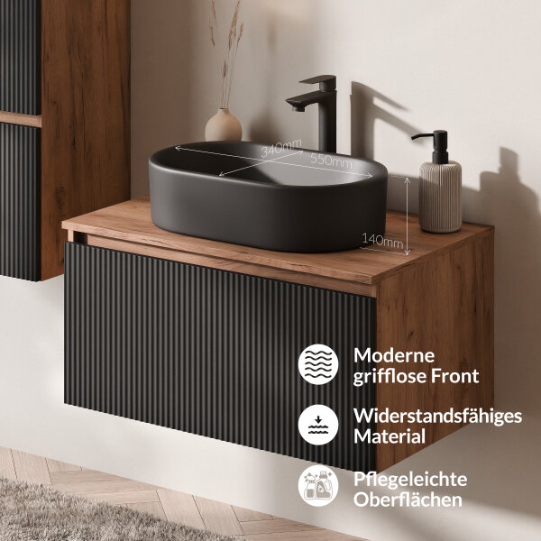 ARISA Badmöbel Set inkl. Hochschrank in Schwarz Geriffelt - Mit Spiegelschrank "ARIA" und schwarzem Keramik-Aufsatzwaschbecken 55 cm