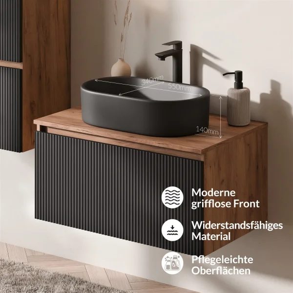 Ensemble de meubles de salle de bains ARISA avec armoire haute en noir strié - Avec armoire de toilette « ARIA » et lavabo à poser en céramique noir de 55 cm