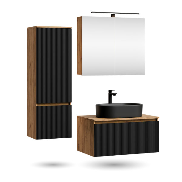 ARISA Badmöbel Set inkl. Hochschrank in Schwarz Geriffelt - Mit Spiegelschrank "ARIA" und schwarzem Keramik-Aufsatzwaschbecken 55 cm