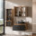 ARISA Badmöbel Set inkl. Hochschrank in Schwarz Geriffelt - Mit Spiegelschrank "ARIA" und schwarzem Keramik-Aufsatzwaschbecken 55 cm